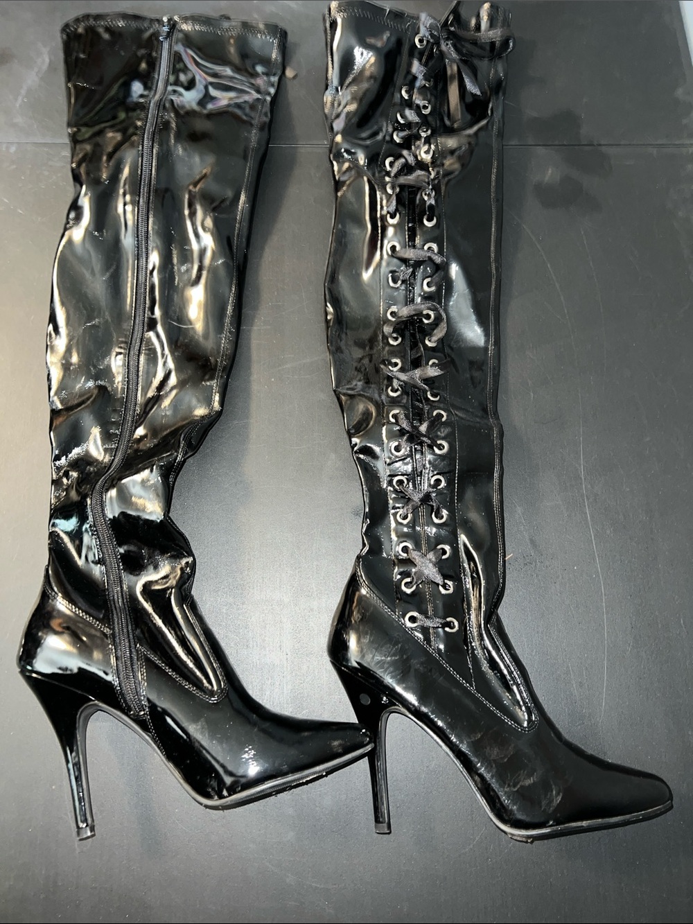 Pleaser Black Patent Over-the-Knee Lace-Up Stiletto Boots